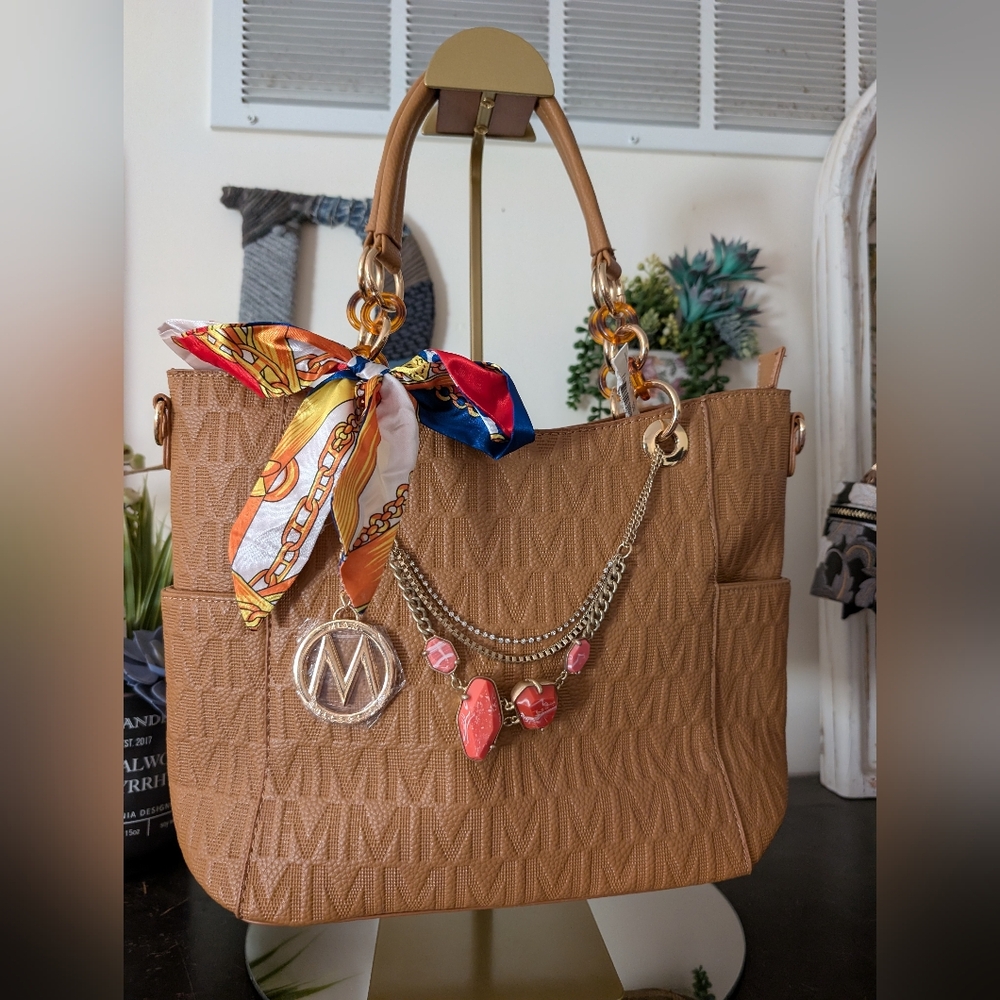 Elegant Tan Shoulder Bag with Chain and Scarf